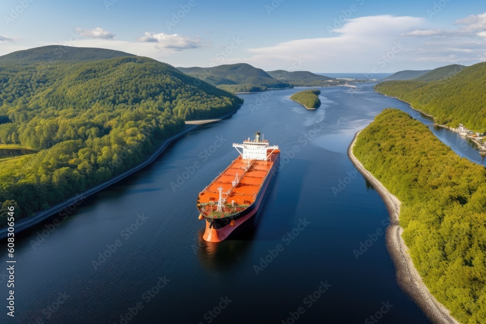 Naklejka premium tanker navigates through a narrow canal passing picturesque landscapes, clear day in the afternoon, Generative AI