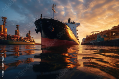 tanker waits of loading oil in port during golden hour with warm evening sunlight, Generative AI