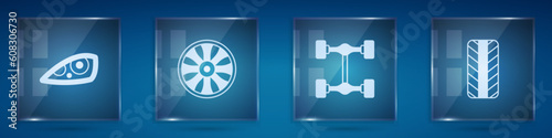 Set Car headlight, Alloy wheel for car, Chassis and tire. Square glass panels. Vector