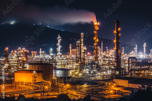illuminated oil refinery factory works at night time, Generative AI
