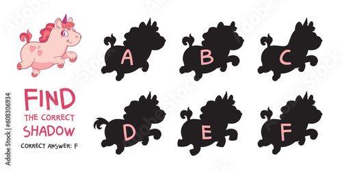 Find the correct shadow. Pink Pony. Educational game for children. Choose correct answer. Matching game. Colorful cartoon characters. Funny vector illustration. Isolated on white background