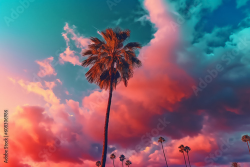 Beautiful palm tree against colorful clouds in the sunset