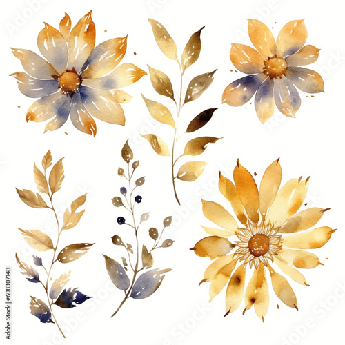 Set of golden floral watecolor. flowers and leaves. Floral poster  invitation floral. Vector arrangements for greeting card or invitation design 