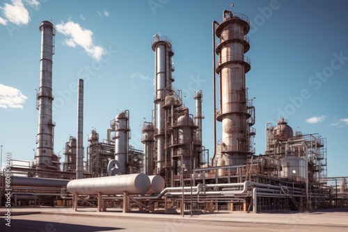 oil refinery factory converts crude oil into valuable petrochemicals on the outskirts of an urban area.Sunny with clear blue skies. Midday, Generative AI