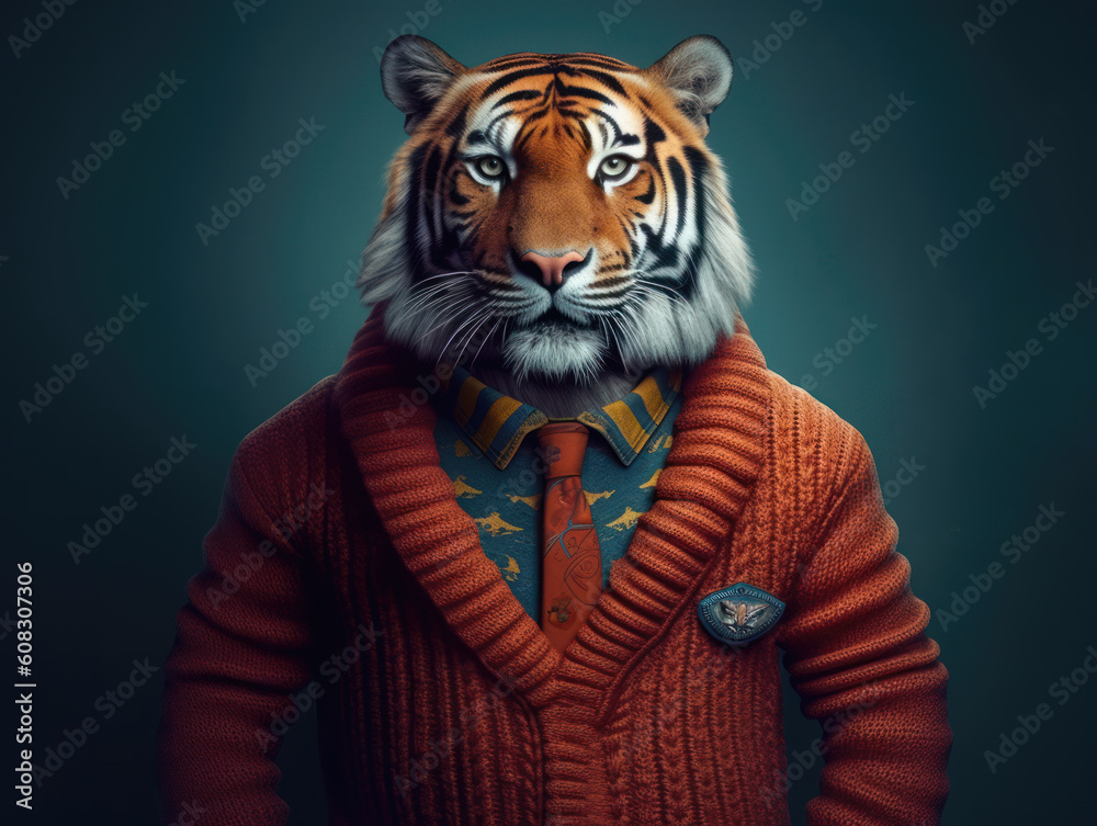 Portrait of self confident tiger who looks like a man. An illustration of an animal dressed in shirt and tie winter sweater. Dark green background. Generated AI.