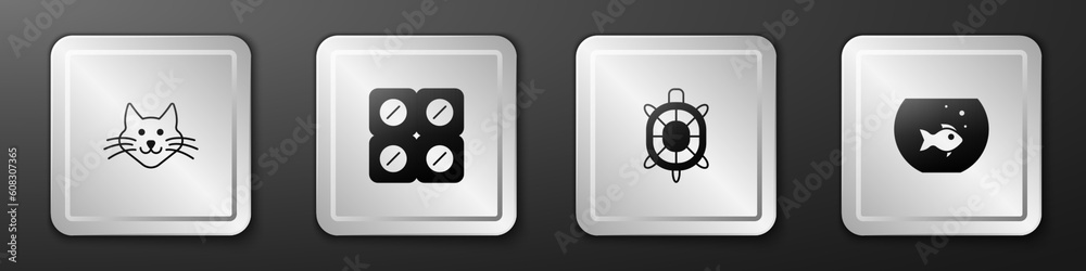 Set Cat, Dog pill, Turtle and Aquarium with fish icon. Silver square button. Vector Set Cat, Dog pill, Turtle and Aquarium with fish icon. Silver square button. Vector