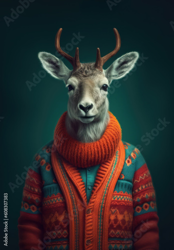 Portrait of Reindeer who looks like a man. An illustration of an animal dressed in christmas sweater, with big horns that is a symbol of Christmas. Dark green background. Generated AI.