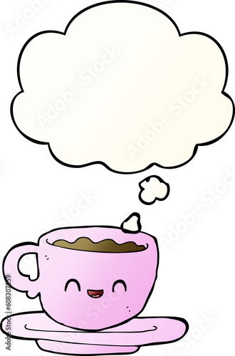 cartoon hot cup of coffee with thought bubble in smooth gradient style