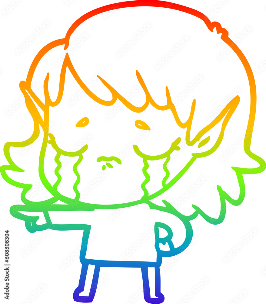 rainbow gradient line drawing of a cartoon crying elf girl rainbow gradient line drawing of a cartoon crying elf girl