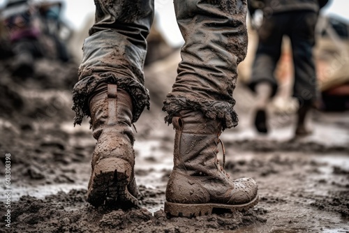 close-up of a worker's boots as they trek through the muddy terrain of an oil drilling site, Generative AI