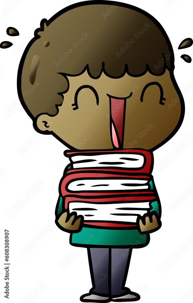 laughing cartoon man holding stack of books