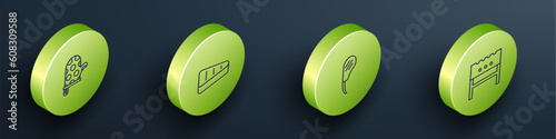 Set Isometric line Oven glove, Steak meat, Rib eye steak and BBQ brazier icon. Vector