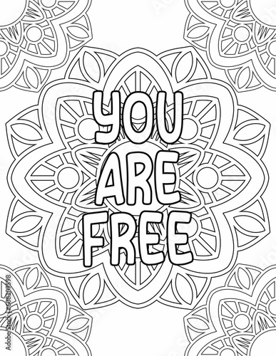 Printable mandala coloring sheet for adults and kids with affirmative words for self-acceptance