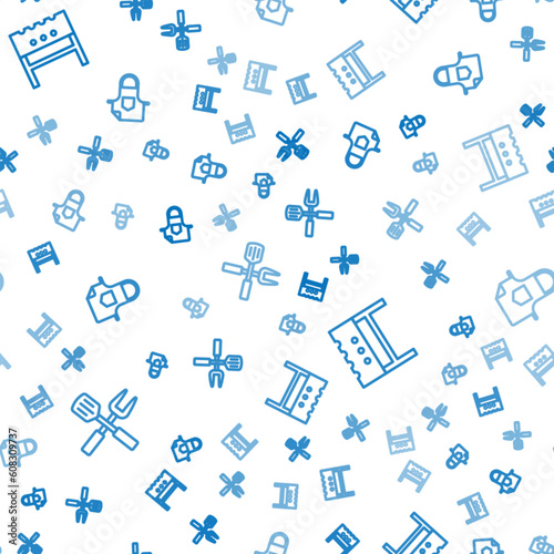 Set line Crossed fork and spatula, BBQ brazier and Kitchen apron on seamless pattern. Vector