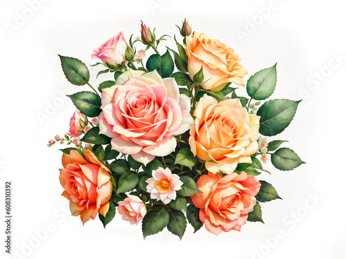 Colorful roses on white background, watercolor style. Bud and flowers of roses on white background, watercolor hand drawing, botanical painting