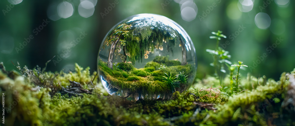 Glaskugel als Symbol der Erde und der Natur.. Generiert mit KI. Glaskugel als Symbol der Erde und der Natur.. Generiert mit KI.