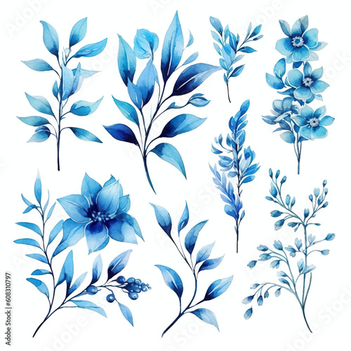 Set of vibrant blue floral watecolor. flowers and leaves. Floral poster, invitation floral. Vector arrangements for greeting card or invitation design
