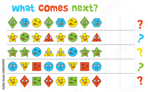 What comes next. Matching game. Educational game for children. Attention task. Choose correct answer. Find the missing piece of the picture. Colorful cartoon characters. Vector illustration