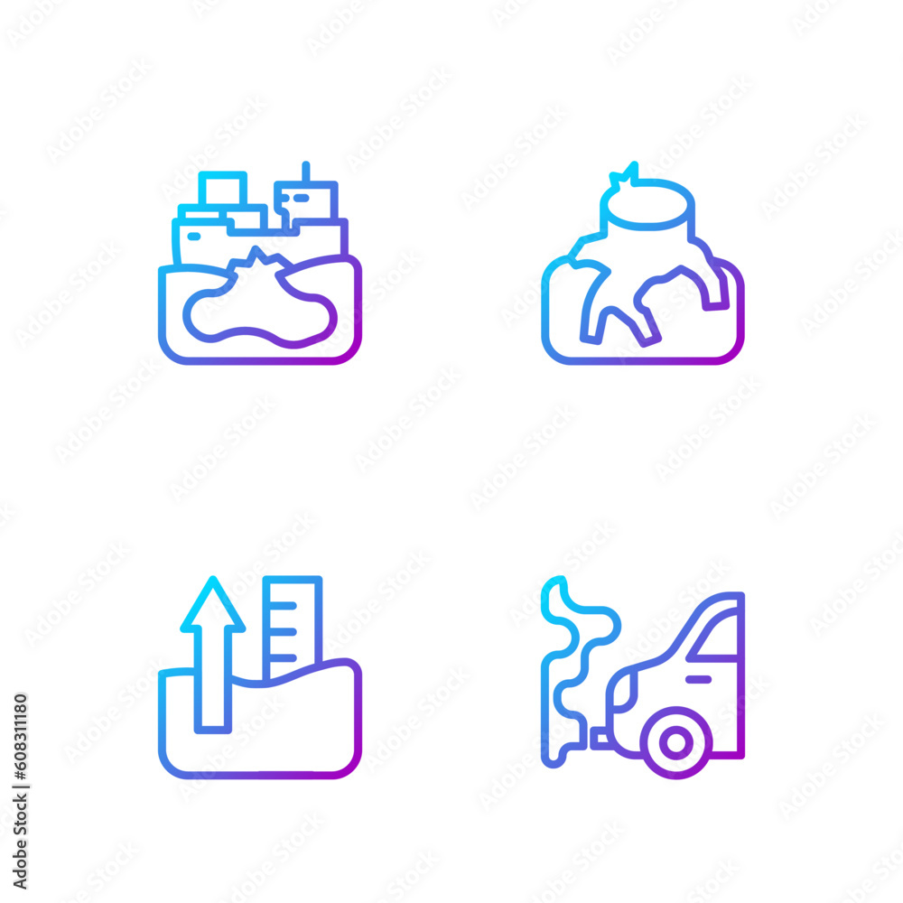 Set line Car exhaust, Rise in water level, Wrecked oil tanker ship and Deforestation. Gradient color icons. Vector Set line Car exhaust, Rise in water level, Wrecked oil tanker ship and Deforestation. Gradient color icons. Vector