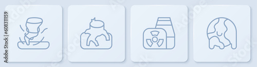 Set line Tornado, Nuclear power plant, Deforestation and Global warming. White square button. Vector