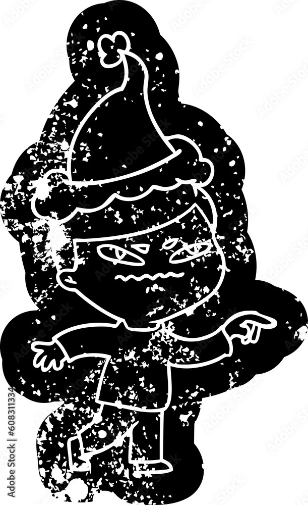 Fototapeta premium quirky cartoon distressed icon of a angry man pointing wearing santa hat