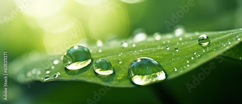 Large beautiful drop of transparent rain water on green leaf macro. Drops of dew in morning glow in sun. Beautiful leaf texture in nature. Natural background, copy space