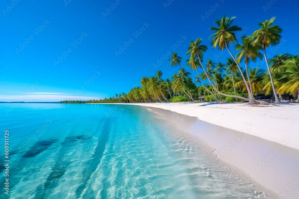 Beautiful sunny view of seascape with tropical palm tree