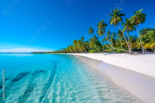 Beautiful sunny view of seascape with tropical palm tree