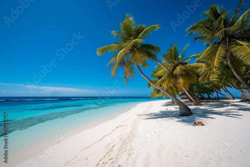 Beautiful sunny view of seascape with tropical palm tree