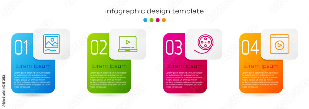 Set line Photo frame, Online play video, Film reel and . Business infographic template. Vector Set line Photo frame, Online play video, Film reel and . Business infographic template. Vector