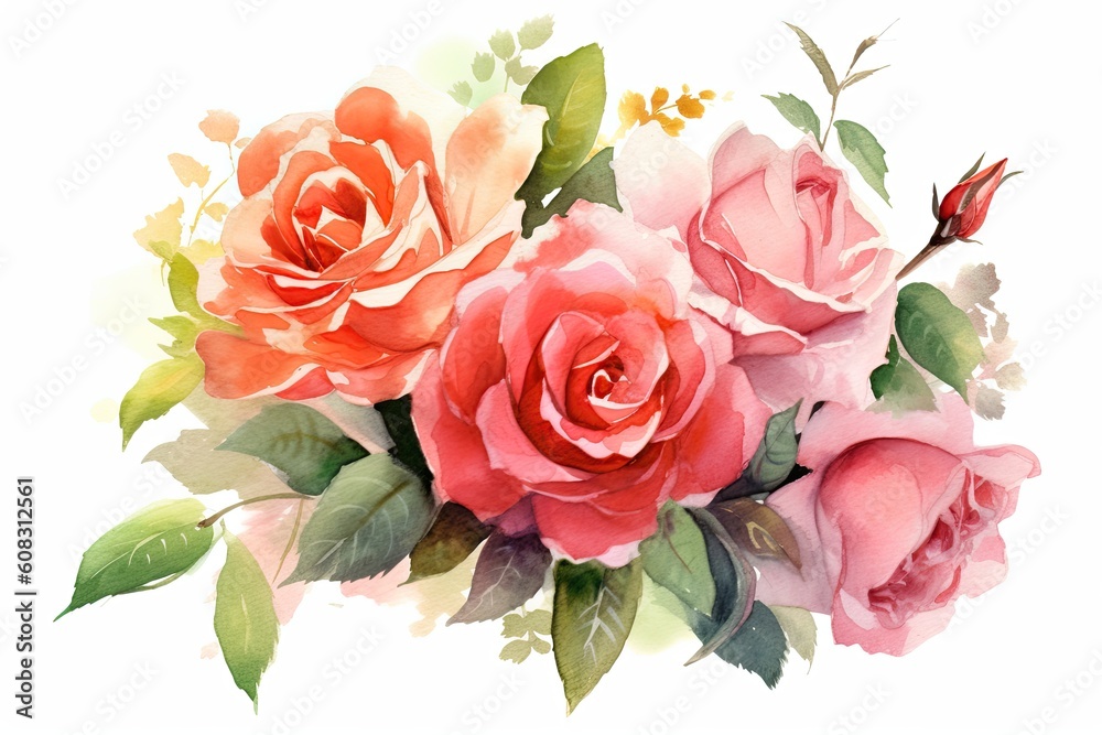 Romantic Rose Bouquet watercolor illustration. Generative AI