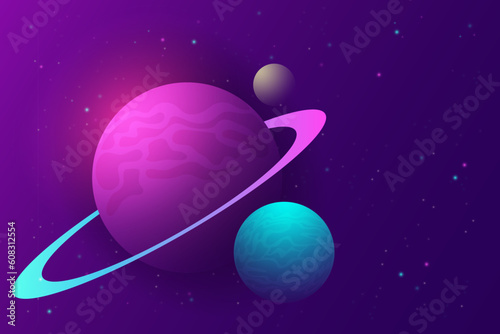 Planets in space with meteor satellites and asteroids in dark starry sky, earth,  galaxy, cosmos, universe, futuristic fantasy view background for computer game. cartoon vector illustration