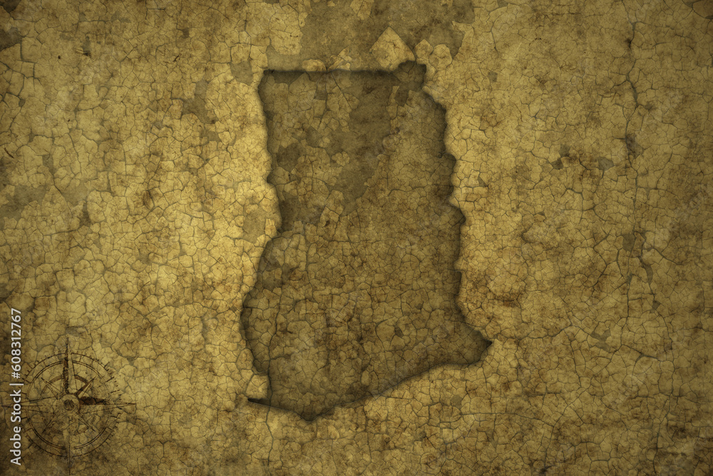 map of ghana on a old vintage crack paper background .