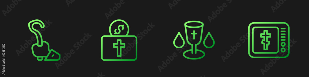 Set line Christian chalice, Magic staff, Donation for church and Online pastor preaching. Gradient color icons. Vector Set line Christian chalice, Magic staff, Donation for church and Online pastor preaching. Gradient color icons. Vector