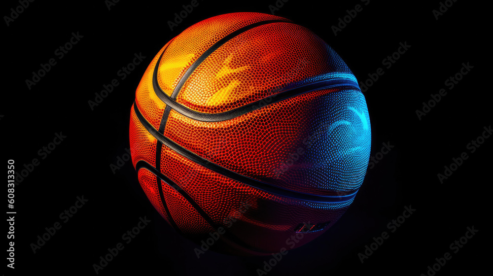 A basketball is shown in the dark, neon color, original banner of sport, black background, AI A basketball is shown in the dark, neon color, original banner of sport, black background, AI