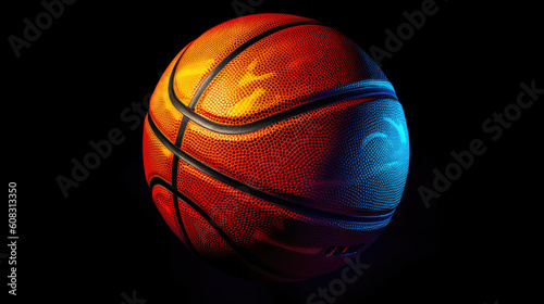 A basketball  is shown in the dark, neon color, original banner of sport, black background, AI  © kiddsgn