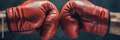 A pair of red boxing gloves on a man's arm, ready for a fight, boxing isolated wallpaper, AI