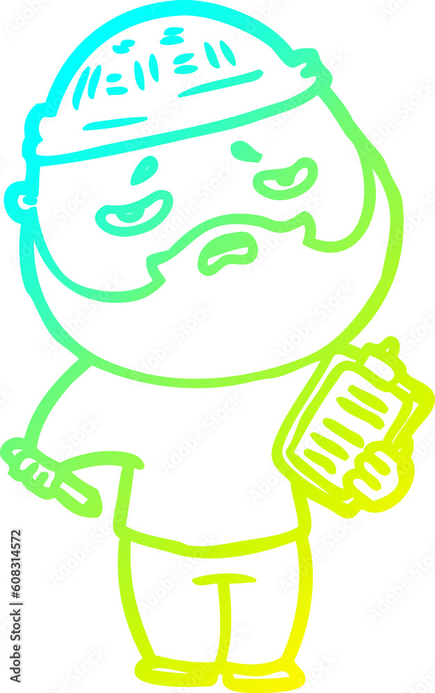 cold gradient line drawing of a cartoon worried man with beard