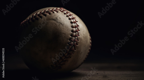Photo of a baseball on a wooden table, showcasing the essence of the sport, worn and dirty texture, AI