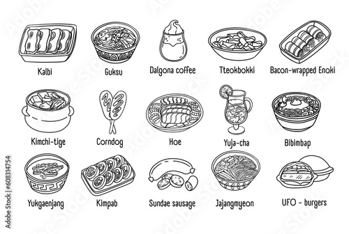 Korean traditional food menu. Spicy soup, meat, noodles, bowls. Vector illustration in outline style