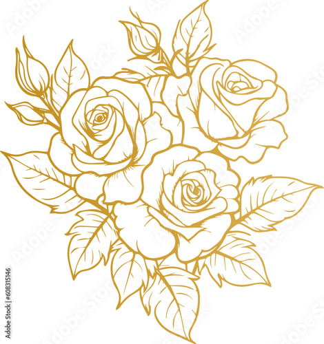 Hand drawn roses. Sketch rose flowers with buds, leaves and stems . golden vintage etching vector botanical isolated on transparent. Illustration of rose petal, sketch botany floral plant, PNG and SVG