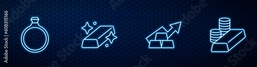 Set line Growth arrow with gold bars, Gold ring, and coin. Glowing neon icon on brick wall. Vector