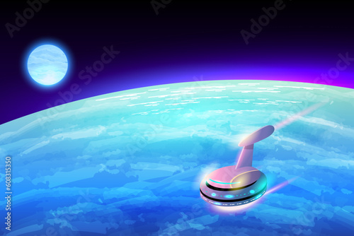 Spaceship flying above planet in space. Universe and galaxy exploration, future science concept with alien planet landscape and futuristic shuttle, vector cartoon illustration
