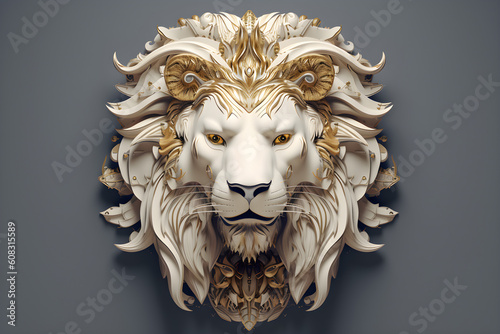 Golden Lion Head on White Background