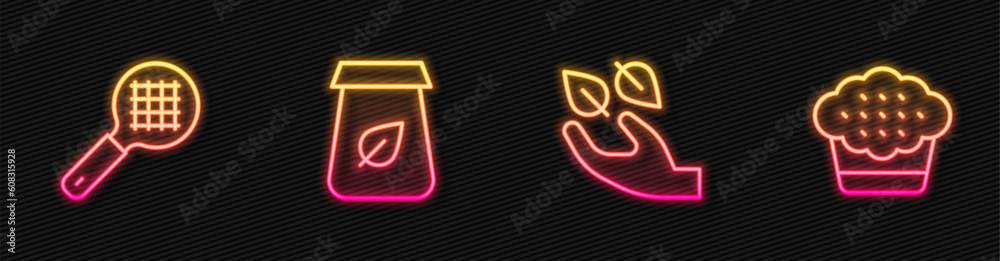 Set line Tea leaf in hand, strainer with handle, packaging and Muffin. Glowing neon icon. Vector Set line Tea leaf in hand, strainer with handle, packaging and Muffin. Glowing neon icon. Vector