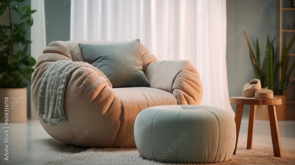 modern living room. Stylish comfortable poufs. armchair in room. Generative AI modern living room. Stylish comfortable poufs. armchair in room. Generative AI