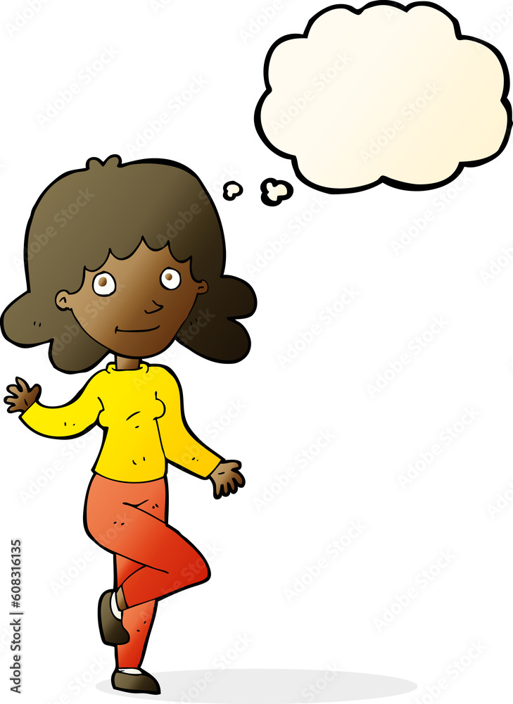 cartoon friendly woman waving with thought bubble cartoon friendly woman waving with thought bubble