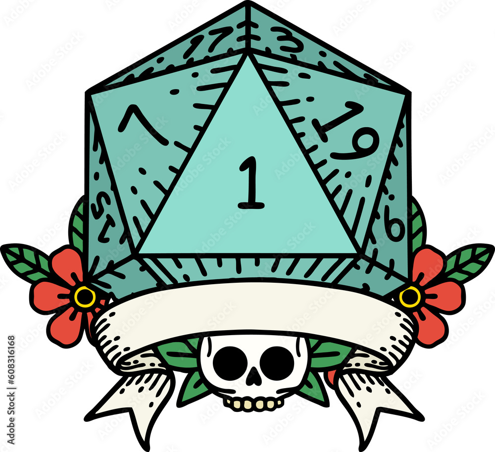 Retro Tattoo Style natural one d20 dice roll Retro Tattoo Style natural one d20 dice roll