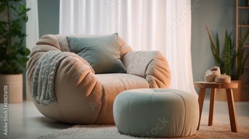 modern living room. Stylish comfortable poufs. armchair in room. Generative AI