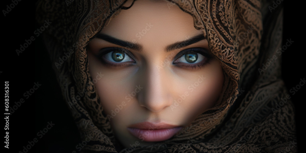 Schönes Gesicht einer Frau im Arabischen Stil mit einem Schleier umhüllt Nahaufnahme, ai generativ